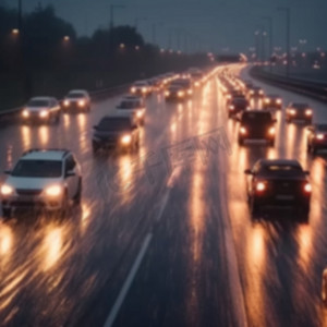 雨天高速公路上交通堵塞严重，汽车玻璃上有雨滴。