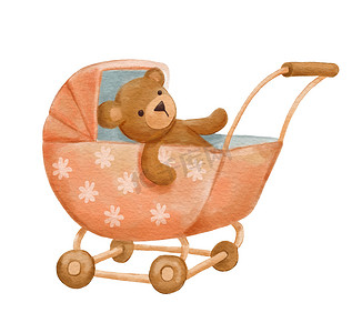 婴儿推车摄影照片_玩具婴儿推车和泰迪熊隔离在白色。