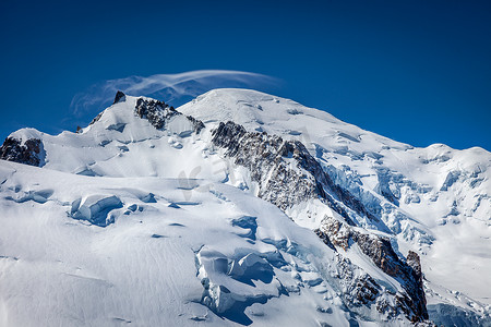 山峰的人摄影照片_勃朗峰地块，冰川上方的登山，法国阿尔卑斯山，法国