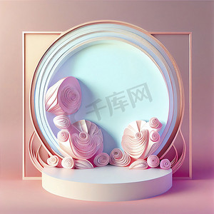 粉色展台摄影照片_带花卉装饰的产品展台 3D 插图