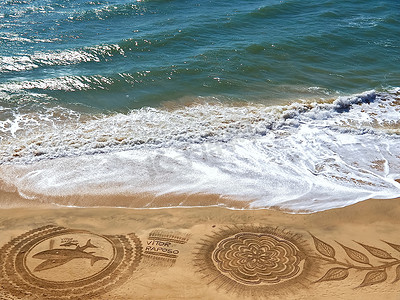 大气商务易拉宝摄影照片_阿尔布费拉美丽的海滩曼陀罗，有花和海豚