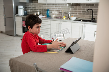家庭教育家庭教育摄影照片_聪明的十几岁男孩，学童做作业，使用数字平板电脑学习。