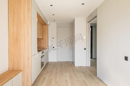 简单的小型模块化厨房区域位于单间公寓前门旁边的墙壁上。