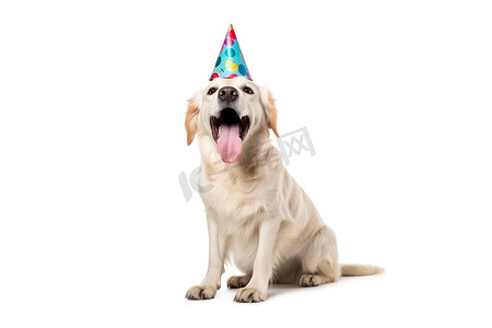 有趣的大金毛猎犬狗在白色背景上孤立的生日帽的肖像。
