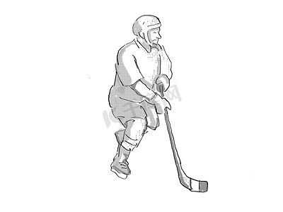 男人卡通手绘摄影照片_孤立的冰球运动员卡通