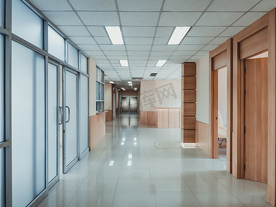 空荡荡的房间摄影照片_空荡荡的医院走廊内部背景，配有无菌地板，以减少疾病。