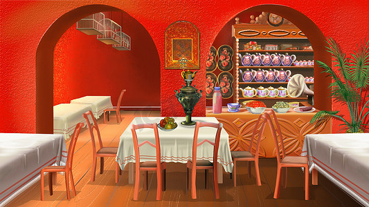 红色复古背景摄影照片_复古风格插画中的传统俄罗斯茶室
