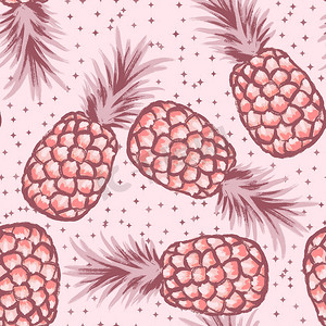 手绘无缝图案的粉红色水果菠萝热带丛林，夏季可爱的角色。