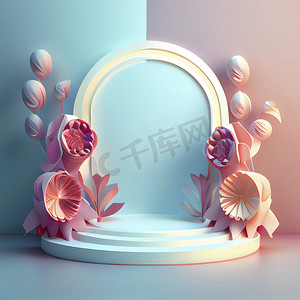带花卉装饰的产品展台 3D 插图