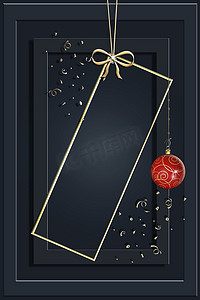 金色邀请函边框摄影照片_金色和黑色的圣诞贺卡，配有红色小玩意