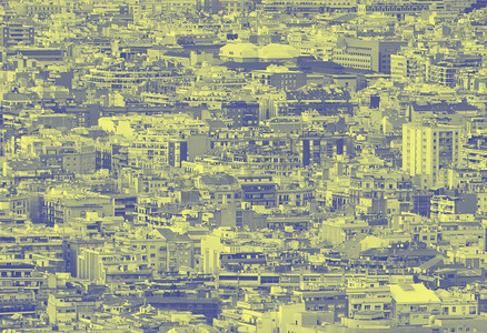 蓝色和黄色双色调拥挤的城市景观背景，有数百座密集的建筑物