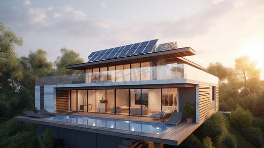 现代房屋屋顶太阳能板