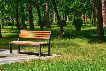 阳光明媚的日子里，在绿色公园放松的木凳