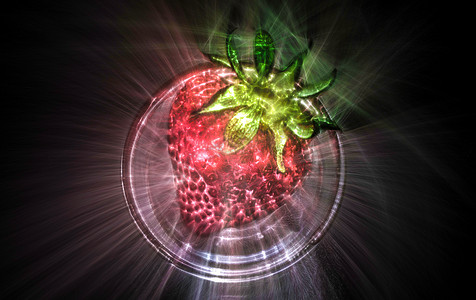 3D 插图 Kirlian 在草莓上发光，叶子在 pl 上
