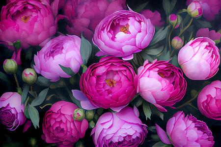 牡丹拟人化摄影照片_郁郁葱葱的粉红色牡丹花束