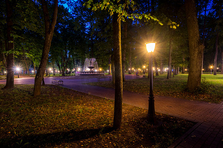 初秋的夜间公园，灯笼照亮，石板路、树木、落叶和长凳。