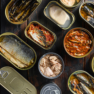 罐装不同类型的鱼和海鲜，在质朴的木黑板上顶视图广场