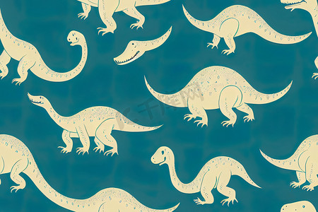 恐龙无缝图案，可爱的卡通手绘恐龙涂鸦高品质 2D 插图。