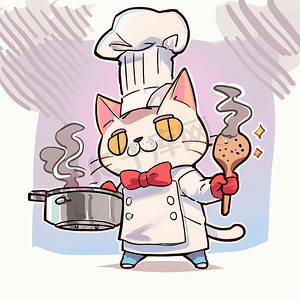 戴着厨师帽的厨师猫的卡通形象，他在厨房里做饭，卡通片