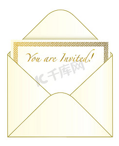 邀请函背景金色摄影照片_白色背景中孤立的信封和金色邀请函