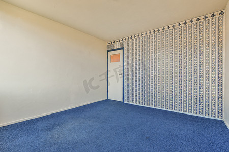 一间空房间，铺着蓝色地毯，有一扇门