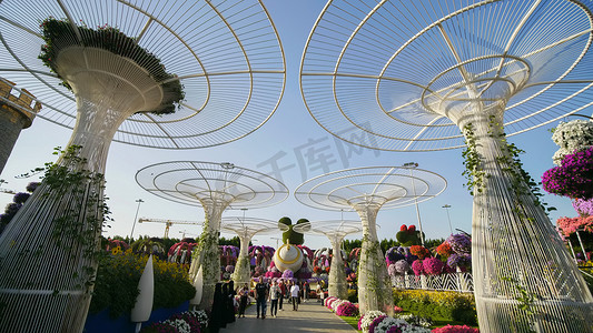 阿联酋迪拜 — 2019年12月14日：迪拜奇迹花园公园的未来派金属花。