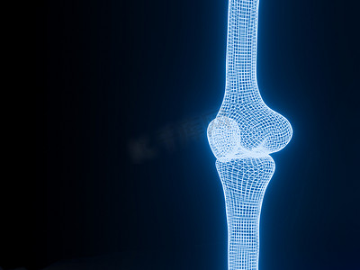 膝关节 3D 渲染黑色背景上的蓝色发光线框，带有文本复制空间。