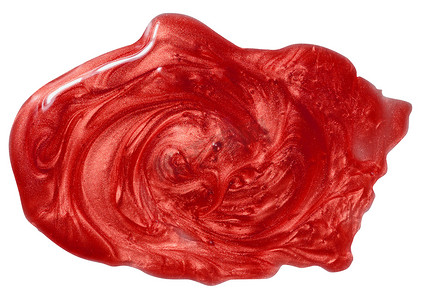 白色背景上分离出小颗粒的红色闪光凝胶样品、荧光笔、口红和腮红等化妆品的质地