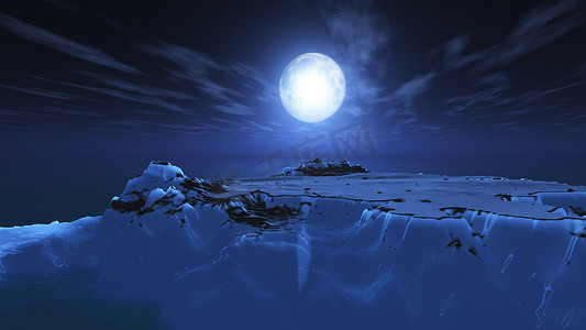 冰山之夜满月，3d 渲染
