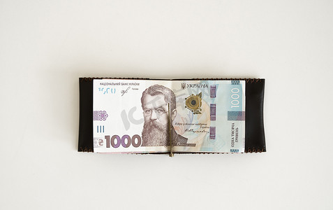 棕色皮革钱夹，带乌克兰格里夫纳钞票的钱包。