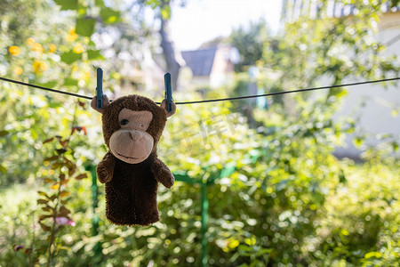猴子玩具摄影照片_挂在晾衣绳上的旧玩具猴子