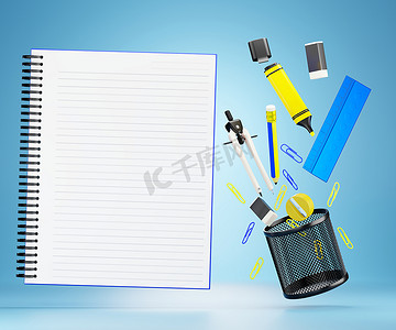 固定或办公设备和空白笔记本漂浮。