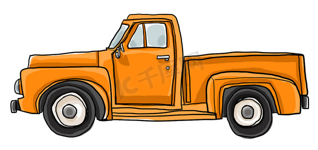 老橙色皮卡车可爱的艺术插画