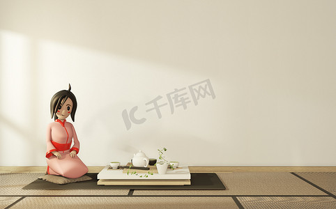 穿着和服的卡通女孩在房间内部日式风格。 