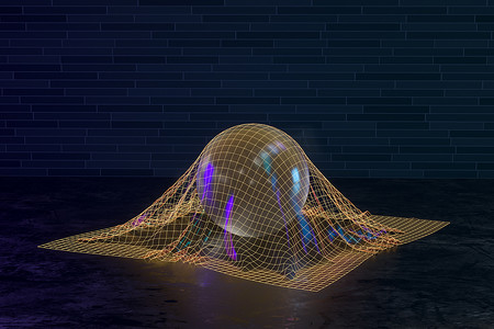 金色网格中的透明气泡，3D 渲染。