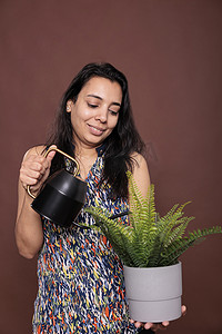 蕨类花摄影照片_微笑的印度女人在盆里浇蕨类植物