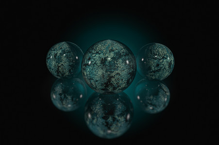 3D 纹理球体，在深色背景上具有光泽表面，具有发光和反射效果
