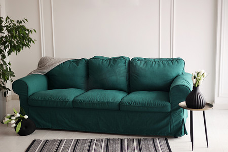 现代公寓时尚的客厅内部配有绿色沙发、带花瓶的木桌、条纹地毯和室内植物。