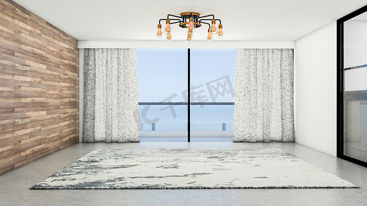 空荡荡的房间摄影照片_空荡荡的房间和客厅的室内设计现代风格，有窗户或门，石板地板上有地毯。 