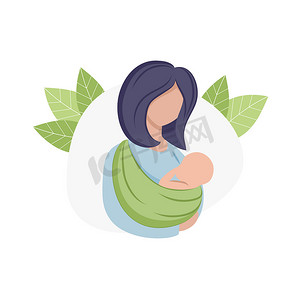 出生宝宝摄影照片_一位母亲用袋鼠背带抱着婴儿。