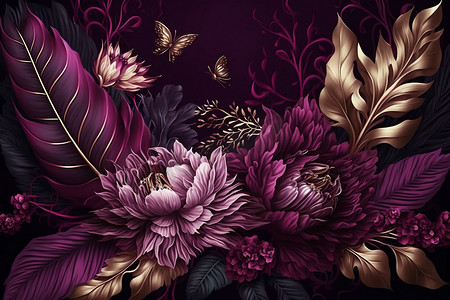 红色数码摄影照片_华丽的洋红色花园花卉图案，梅花、紫罗兰色、紫红色，数码插图。