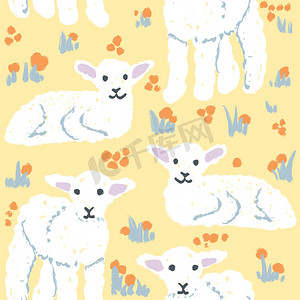 手绘无缝图案可爱的白色小羊在春天。