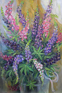 羽扇豆花束，色彩缤纷的夏日静物画，油画