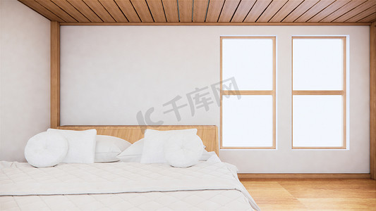 禅宗卧室最小值上配有木床的家庭内墙模型