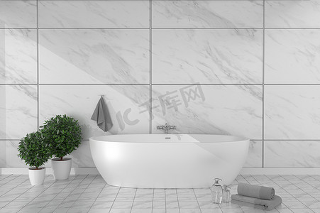 花岗岩瓷砖地板上的浴室内浴缸