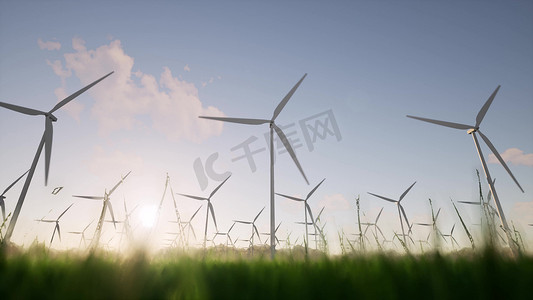 风力发电机草黎明电农场技术发展风电场生态概念 3d 渲染