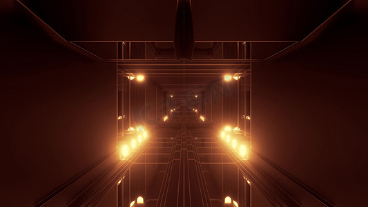 反光玻璃窗摄影照片_黑暗大气科幻隧道走廊与发光灯和反光玻璃窗 3d 插图背景壁纸图形艺术品