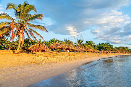 古伞摄影照片_Rancho Luna 加勒比海滩，沙滩上有棕榈树和稻草伞