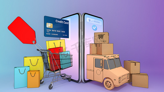 卡车3d模型摄影照片_五颜六色的纸质购物袋和信用卡在带有卡车货车的手推车中出现在智能手机屏幕上。在线移动应用程序订购运输服务和在线购物和交付概念。3D 渲染。