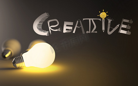 灯泡 3d 和手绘图形设计词 CREATIVE 作为 co